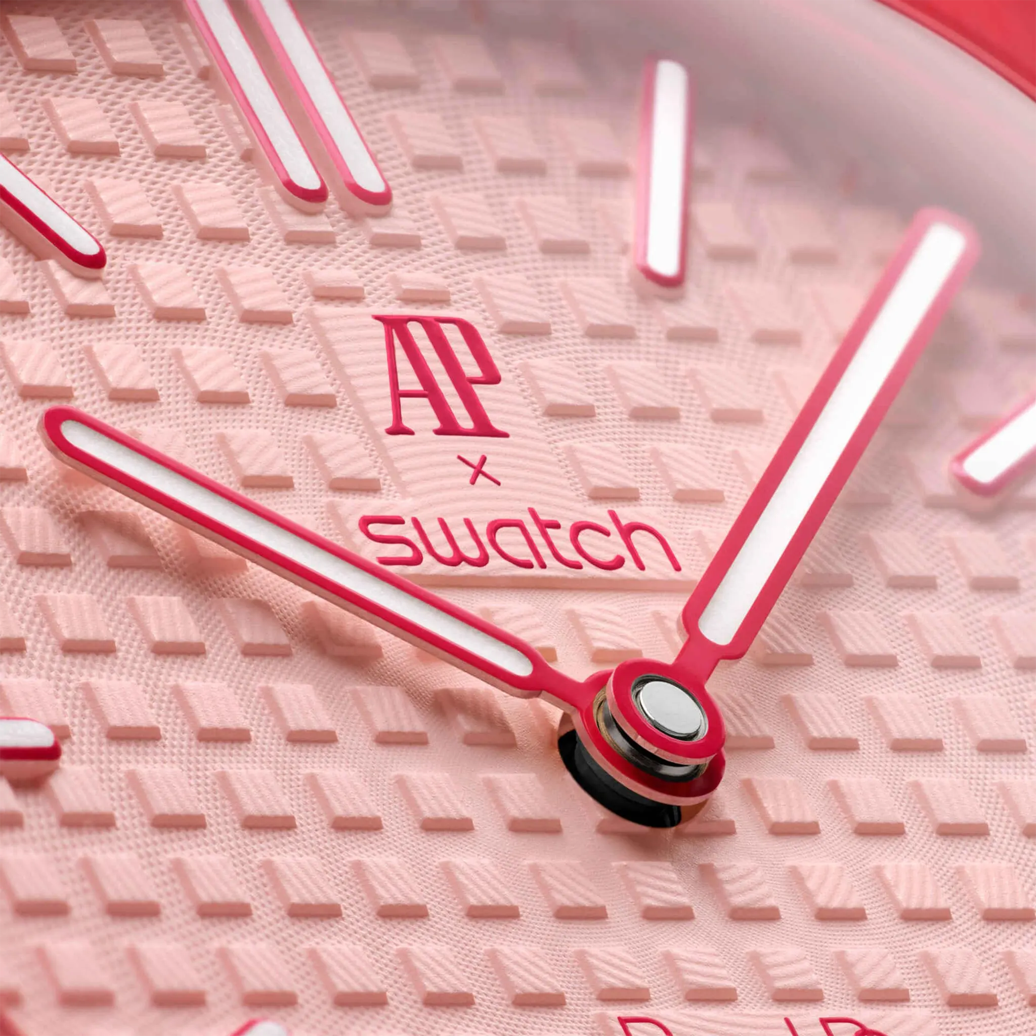 Detailed View of Swatch x Audemars Piguet Royal Pop Otto Rosso With Light Pink Rubber Strap